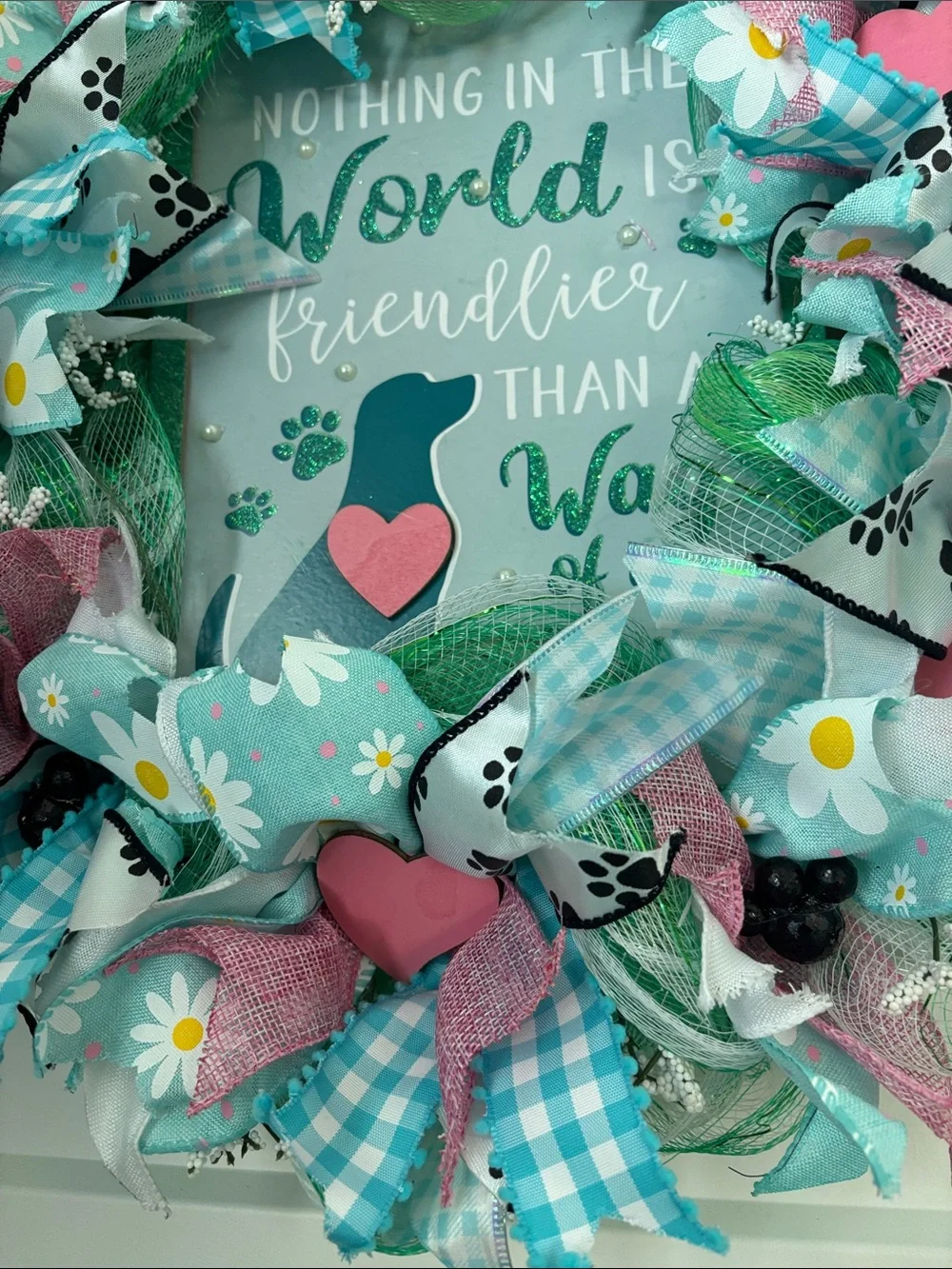 Hand Crafted Teal, Pink, White Dog-Themed Spring Wreath